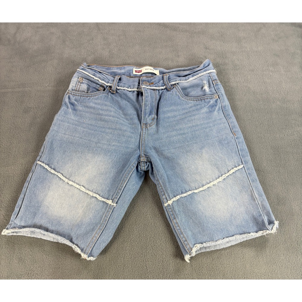 Levis 511 Slim Boys Denim Shorts Light Wash Blue Frayed Hem Size 18 REG W29